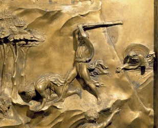 A história de Caim e Abel, pormenor do assassinato de Abel, painel original das Portas Orientais do Batistério, 1425-52, bronze dourado, após o restauro