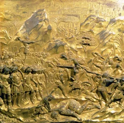 A História de Davi e Golias, painel original das Portas do Leste do Batistério, 1425-52 (bronze dourado) (pós-restauração)