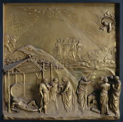 A História de Noé: o Êxodo da Arca, a Embriaguez de Noé e seu Sacrifício a Deus, um dos dez painéis de socorro das Portas do Paraíso (portas do leste), 1425-52 (bronze dourado) (ver também 87652-53).