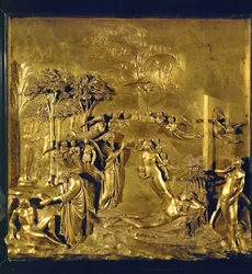 A criação de Adão, a criação de Eva a partir da costela de Adão, a expulsão do Paraíso (bronze)