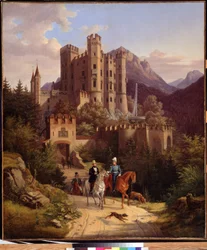 Le prince couronne Maximilien a cheval, Hohenschwangau (O príncipe herdeiro Maximilian cavalgando em Hohenschwangau). Maximiliano II da Baviera (1811-1864) em frente ao seu castelo de Hohenschwangau na Baviera (Alemanha). Pintura de Lorenzo II Quaglio (179