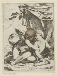Dois putti debaixo de uma lona de tenda