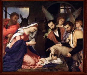 Adoração dos pastores. O Menino Jesus brinca com uma ovelha.