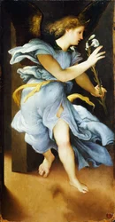 Anjo anunciador, cerca de 1525, por Lorenzo Lotto (1480 ca- 1556), óleo sobre painel, 82x42 cm