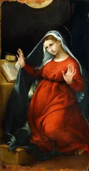 Anunciação à Virgem, cerca de 1525, por Lorenzo Lotto (1480 ca- 1556), óleo sobre painel, 82,5x42 cm