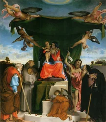 Alemão: Thronende Madonna, Engel und Heilige Madonna entronizada com criança, anjos e santos