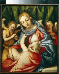 A Virgem mamando. (Madona Del Latte). Pintura de Lorenzo Lotto (1480-1556), óleo sobre tela, cerca de 1520. Arte italiana (Veneza)