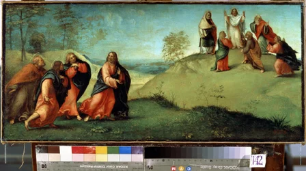 Cristo conduzindo os apóstolos ao monte Tabor. Local da transfiguração de Cristo localizado em Israel. Pintura de Lorenzo Lotto (1480-1556)