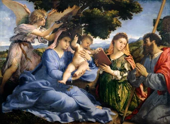 Madona e Criança entre os Santos Catarina de Alexandria e Tomé por Lorenzo Lotto (1480 ca- 1556), óleo sobre tela