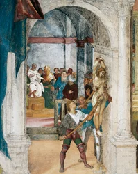 Martírio de Santa Bárbara, pormenor de Christ-Vine e Lenda de Santa Bárbara por Lorenzo Lotto (cerca de 1480 - 1556), fresco, pormenor, Villa Suardi, Capella Suardi, Trescore Balneario