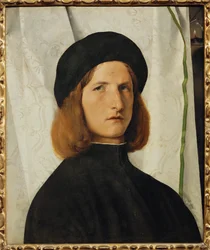 Retrato de um jovem em frente a uma cortina branca (pintura sobre madeira de tília)