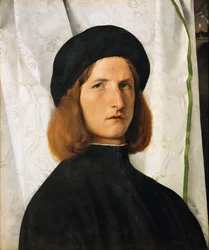 Renascença : Retrato de um Jovem contra uma Cortina Branca par Lotto, Lorenzo (1480-1556), c.1508. Óleo sobre madeira, 42,3x35,3. Museu de História de Arte, Vienne