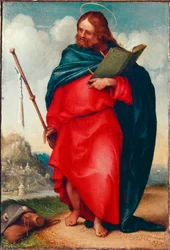 Representação de São Tiago o Pelerin Este é São Tiago o Major ou São Tiago, filho de Zebedeu. Pintura de Lorenzo Lotto (ca. 1480-1556) 1510-1512 Dim. 20x15 cm Recanati, Pinacoteca