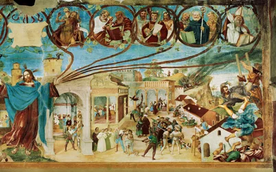 Lado direito da Capella Suardi, Igreja de Santa Bárbara em ... (pintura mural)