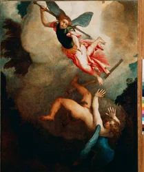 Saint Michael Hunting Lucifer Pintura de Lorenzo Lotto (1480-1556) 1551-1555 Sol. 167x135 cm Loreto, Palazzo Apostolico