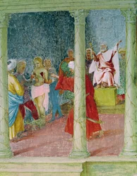 Cenas da Vida de Santa Bárbara, detalhe de Santa Bárbara perante um juiz, 1523-24