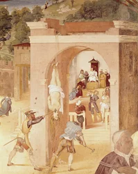 Cenas da Vida de Santa Bárbara, detalhe de Santa Bárbara entregue ao Prelado Romano, marciano, e depois torturado, 1523-24