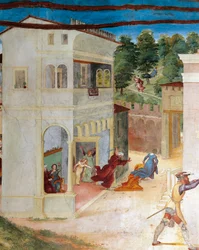 Santa Bárbara atacada pelo pai, detalhe de Christ-Vine e Legenda de Santa Bárbara por Lorenzo Lotto (cerca de 1480 - 1556), fresco, detalhe, Villa Suardi, Capella Suardi, Trescore Balneario