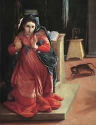 The Annunciation" Detail of the Virgin (Anunciação, detalhe da virgem) Pintura de Lorenzo Lotto (1480-1556) 1535 Pinacoteca Civica, Recanati, Itália