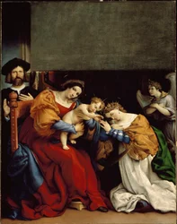 The Mystical Marriage of St. Catherine The Mystic Wedding of St. Catherine of Alexandria" À esquerda, Niccolo Bonghi, o senhorio do pintor. Pintura de Lorenzo Lotto (ca. 1480-1556) 1523 Dim. 189 x 134 cm Bergamo, Accademia Carrara