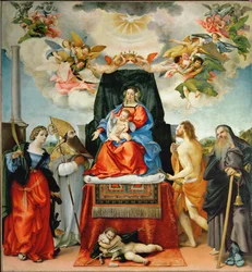 Virgem e menino com Santa Catarina de Alexandria, Santo Agostinho, São João Batista, São Sebastião e Santo António Abade (pintura sobre tela)