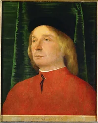 Jovem de casaco vermelho (pintura sobre madeira de tília)