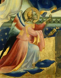 Anjo ajoelhado, detalhe do painel central da Coroação da Virgem por Lorenzo Monaco (cerca de 1370-1425), tempera e ouro no painel, 506x447, 5 cm