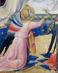 Anjo ajoelhado, detalhe do painel central da Coroação da Virgem por Lorenzo Monaco (ca 1370-1425), tempera e ouro no painel, 506x4475 cm