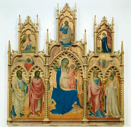 Nossa Senhora e o Menino Jesus, santos; em cima: Anunciação (têmpera sobre madeira)