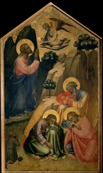 Oração no Jardim das Oliveiras Cristo em oração vê o anjo que lhe leva o Santo Graal e anuncia a sua morte. Os apoters de São Pedro, São João e São Tiago estão dormindo. Pintura sobre madeira por Lorenzo Mónaco (ca. 1370-ca. 1423/1424) Florença, Galer