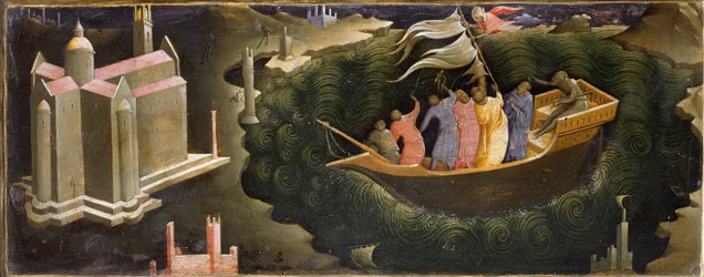 Representação de São Nicolau de Myra (ou Nicolau de Bari), que acalma o Tempete Nicolau de Myra, resgatando um barco do afundamento. Pintura em madeira por Lorenzo Monaco (ca. 1370-ca. 1423/1424) Florence, Galleria del 