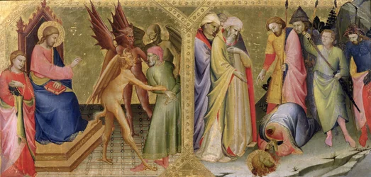 St. James e Hermogenes e O martírio de St James, painel de predella de um retábulo para a capela Nobili em Santa Maria degli Angeli, Florença