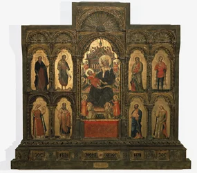 Madona e Criança com Santos - Polyptic (tempera e leef de ouro em painel, segunda metade do século XIV)