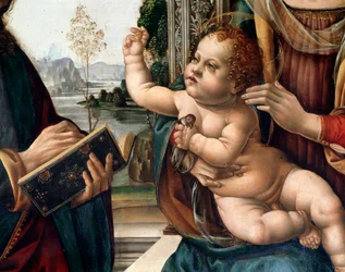 Virgem com criança e dois santos, São Mateus e São Jerônimo (Virgem com criança e dois santos, São Mateus e São Jerônimo) Pintura de Detalhe de Lorenzo di Credi (1459-1537) Florença, igreja Santo Spirito Itália
