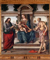 Virgem com criança e dois santos, São Mateus e São Jerônimo Pintura de Lorenzo di Credi (1459-1537) Florença, igreja Santo Spirito Itália