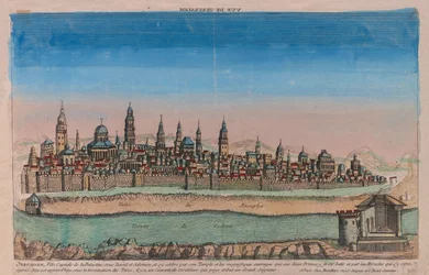 Jerusalém (capital da Palestina, sob David e Salomão...). Obra de Louis Joseph Mondhare (activa em meados do século XVIII), gravura em chapa de cobre, colorida com aguarela