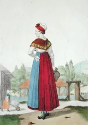 Traje tradicional de Lisieux, gravado por Gatine c.1820 (gravação a cores)