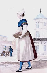 Traje tradicional de St. Valery en Caux, gravado por Gatine c.1820 (gravação a cores)