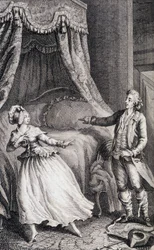 Casal em frente à cama do quarto - em "Les francaises ou 34 exemplos escolhidos nos costumes atuais aptos para conduzir filhas, mulheres, esposas, mães" por Restif de La Bretonne (1734-1806), doente. por Binet, Neufchatel