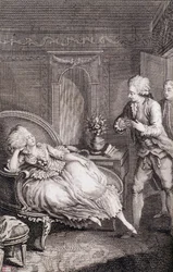 Gentilhomme declarando seu amor a uma senhora definhando sobre uma pastora - em "Les francaises ou 34 exemplos escolhidos nos costumes atuais adequados para conduzir filhas, esposas, mães" por Restif de La Bretonne (1734-1806), doente. por Binet, Neufchate