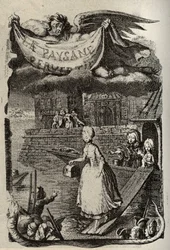Ilustração para "La Paysanne pervertie ou les Dangers de la ville" de Restif de La Bretonne (1734-1806) escritor francês. Gravura de Binet do século XVIII.