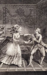Le billet doux subtilisé (libertinage) - em "Les francaises ou 34 exemplos escolhidos nos costumes atuais próprios para conduzir filhas, mulheres, esposas, mães" por Restif de La Bretonne (1734-1806), doente. por Binet, Neufchatel