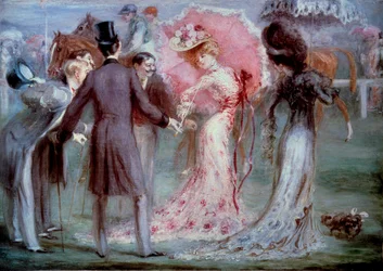 Boa hora: Homens a "pesar", examinando jovens mulheres com insistência nas corridas de cavalos. Pintura de Louis Anquetin (1861-1932), Coleção Particular do século XX