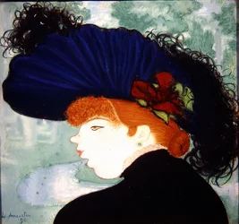 Mulher de cabelo vermelho com um chapéu azul