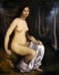 Jovem mulher sentada numa floresta