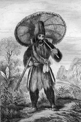 Eu estava usando um chapéu de altura... gravando depois do desenho de M. de Sainson para o Livro de Daniel Defoe (De foe) "Robinson Crusoe" edição francesa de 1837.