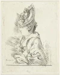 Retrato de uma jovem com chapéu de perfil à esquerda