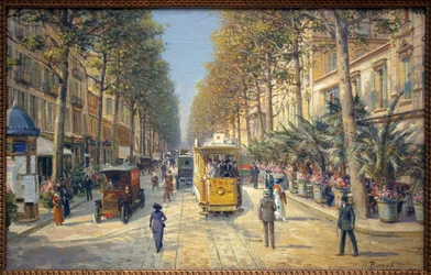 Avenue de la Gare em Nice (actual avenida Jean Medecin). Há uma coluna Morris à esquerda. Pintura de Louis Beroud (1852-1930), óleo sobre tela, arte francesa, início do século XX. Musee Massena, Nice.