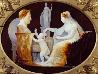 A Imperatriz Maria Luísa guia os primeiros passos do Rei de Roma Napoleão II, Duque de Reichstadt (1811-1832), filho do Imperador Napoleão I (1769-1821), em frente ao busto da placa de porcelana de seu pai por Louis Bertin Parant (1768-1851) 1813 Paris. La