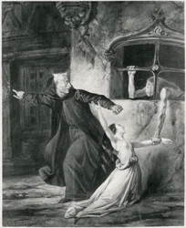 Sachette, Esmeralda e Claude Frollo, ilustração de "O Corcunda de Notre Dame" por Victor Hugo (1802-85), 1831 (bw)